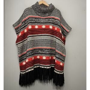 Western Poncho Size S M Turtleneck Sweater Fringed Aztec Festival Boho Cowgirl
